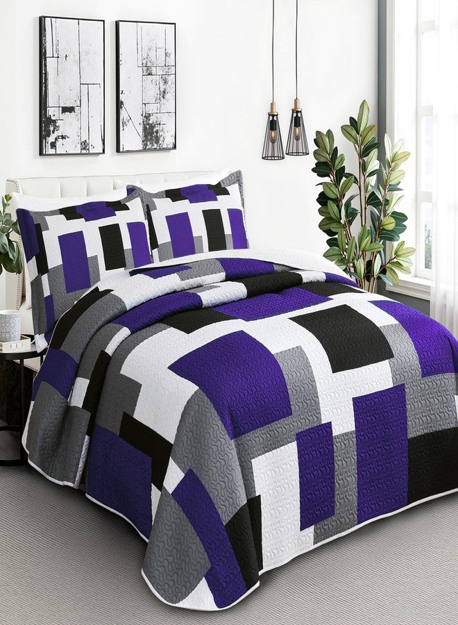 Tyrot 3 Piece Dark Purple Grey Quilt Set Full/Queen Size Black White Geometric Reversible Bedding Set Microfiber Lightweight Bedspread Coverlet with 2 Shams Modern Bed Covers for All Season, 90''x96'' - Image 2